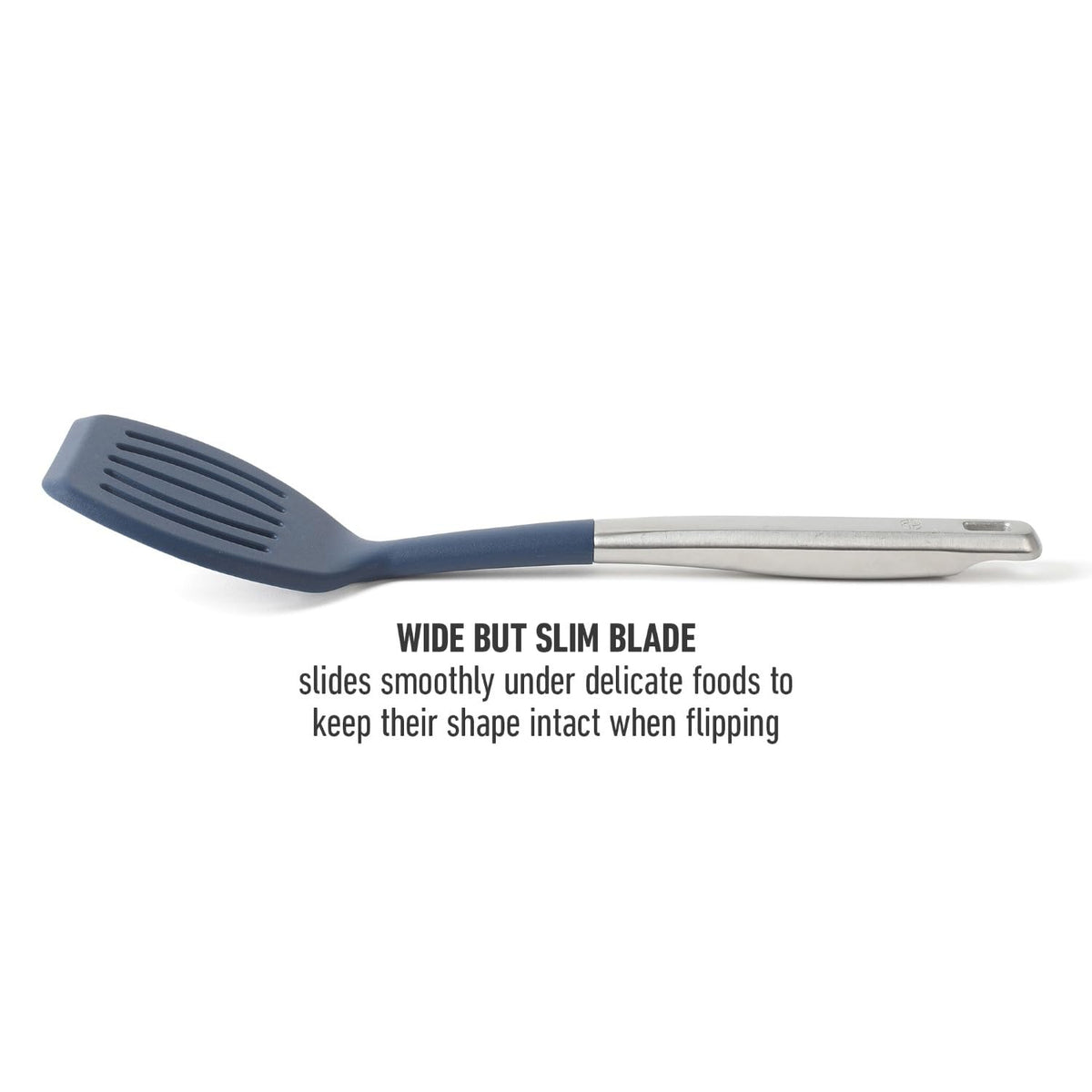 Calphalon Prime slotted turner features sturdy stainless handle for comfortable grip.
