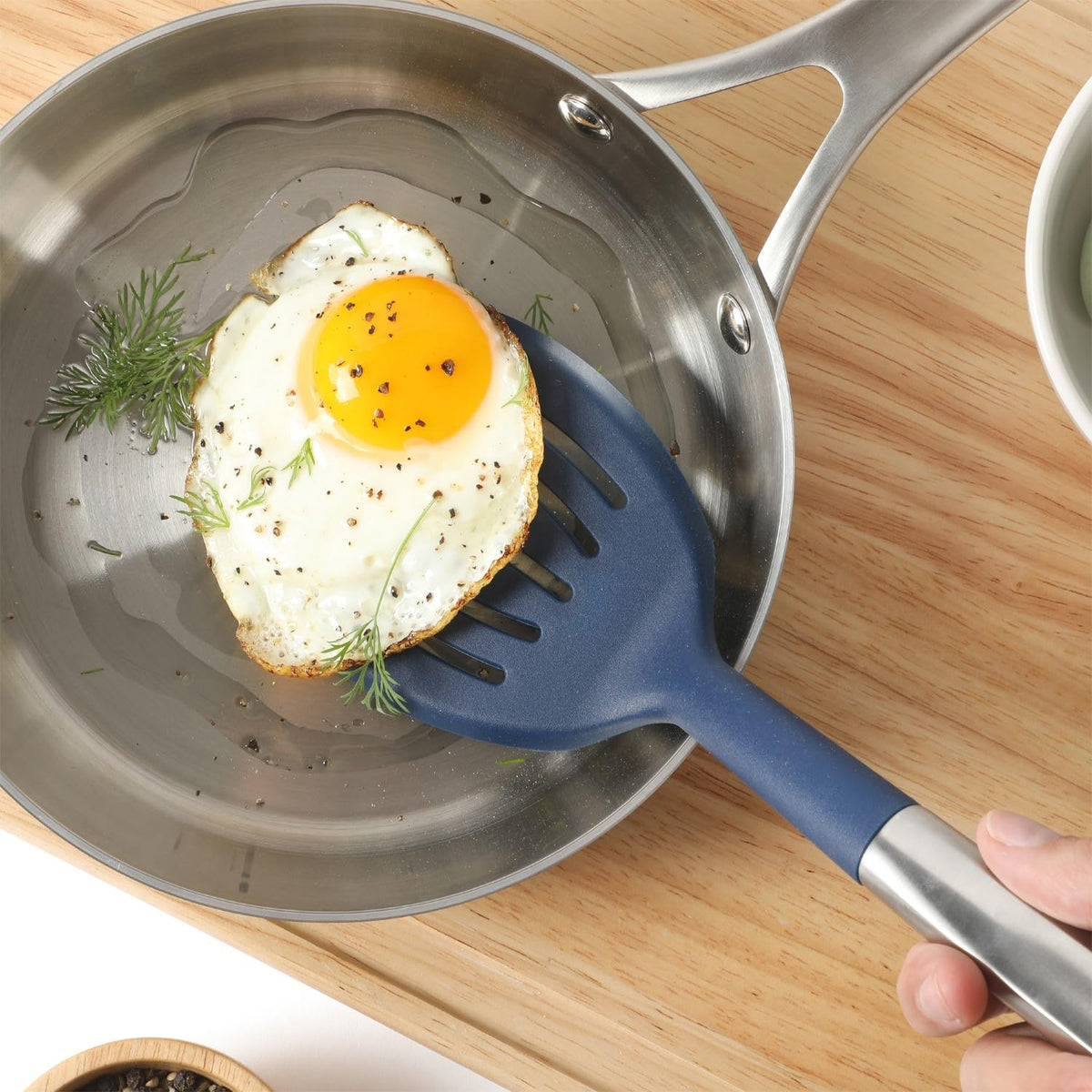 Calphalon Prime slotted turner elevates daily cooking with reliable performance.