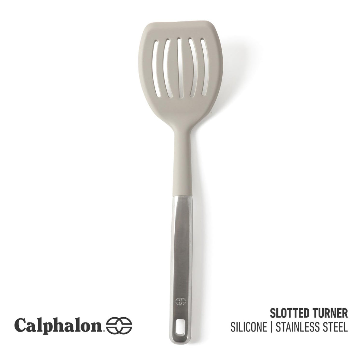 Calphalon Prime slotted turner with stainless steel handle offering sturdy control during cooking.