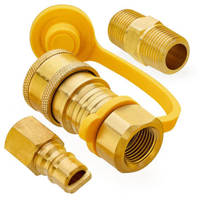 CALPOSE 3/8 inch natural gas quick connect kit close up highlighting solid brass durability