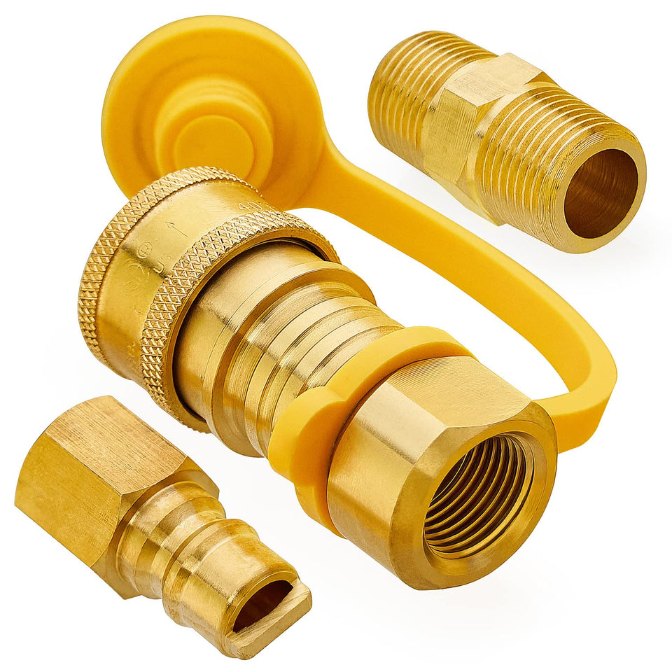 CALPOSE 3/8 inch natural gas quick connect kit close up highlighting solid brass durability