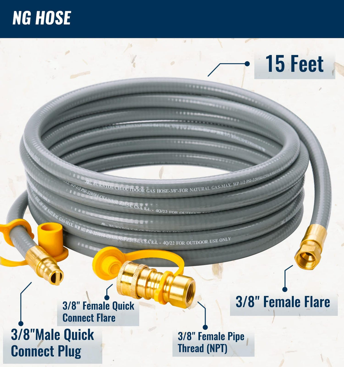 CALPOSE 38-inch ID gas hose with brass fittings for reliable low-pressure transfer.