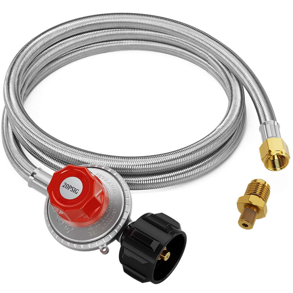 CALPOSE 5ft high-pressure regulator hose close-up with durable brass connector for secure propane setup
