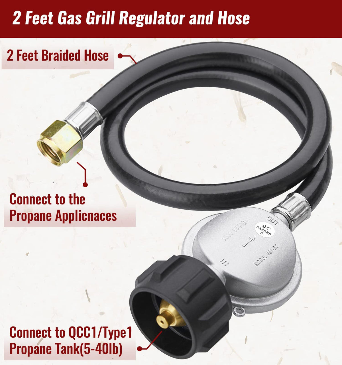 CALPOSE brass regulator and hose showcase durable, weatherproof construction for outdoor use.