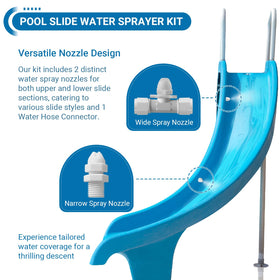Calvana pool-slide wide spray nozzle provides broad spray coverage for exciting play