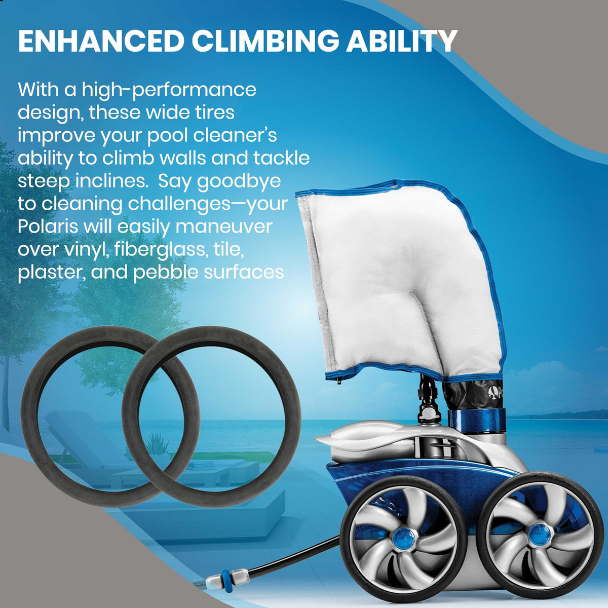 Calvana wide trax tires improve grip on pool surfaces during cleaning