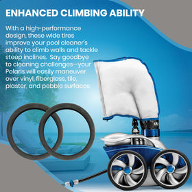 Calvana wide trax tires improve grip on pool surfaces during cleaning