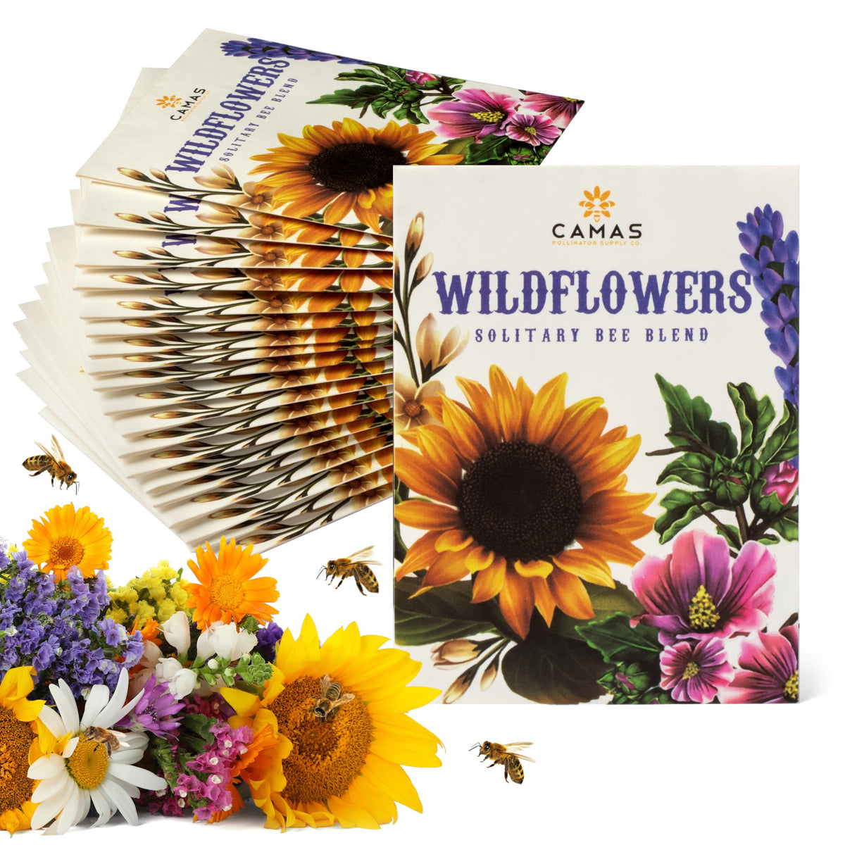 Camas Pollinator seed packets on table attract bees and butterflies in gardens