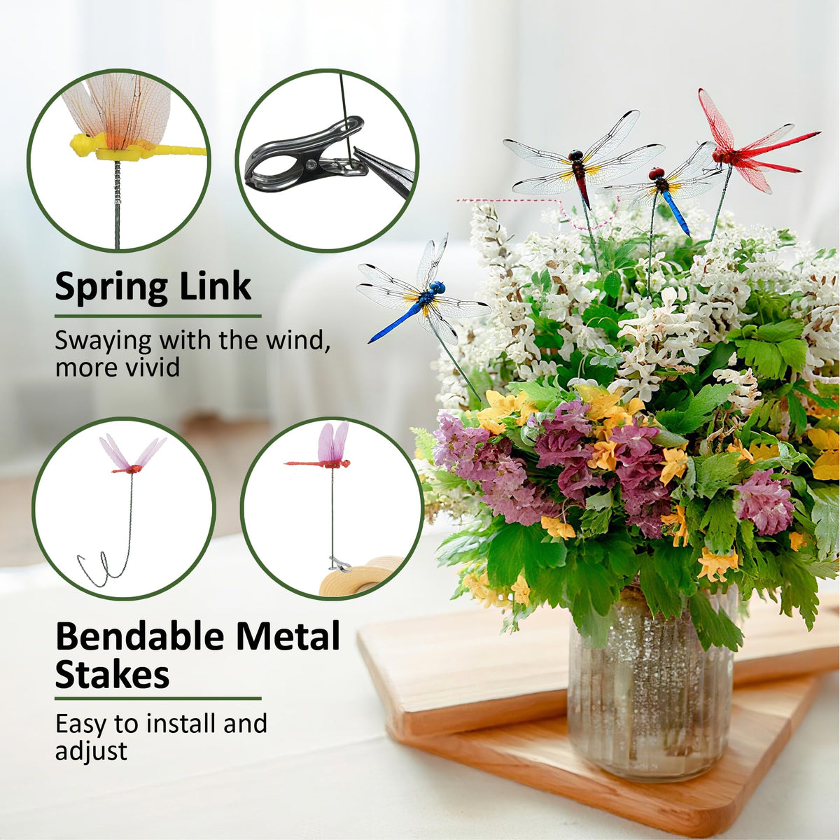 CAMATET dragonfly stake green clip harmonizes with foliage and plants.