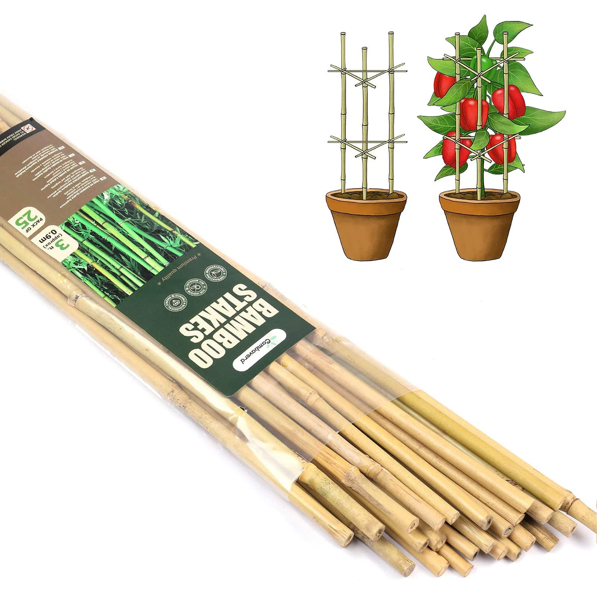 Cambaverd bamboo garden stake 3ft pack25 in a garden bed for tomato plants.
