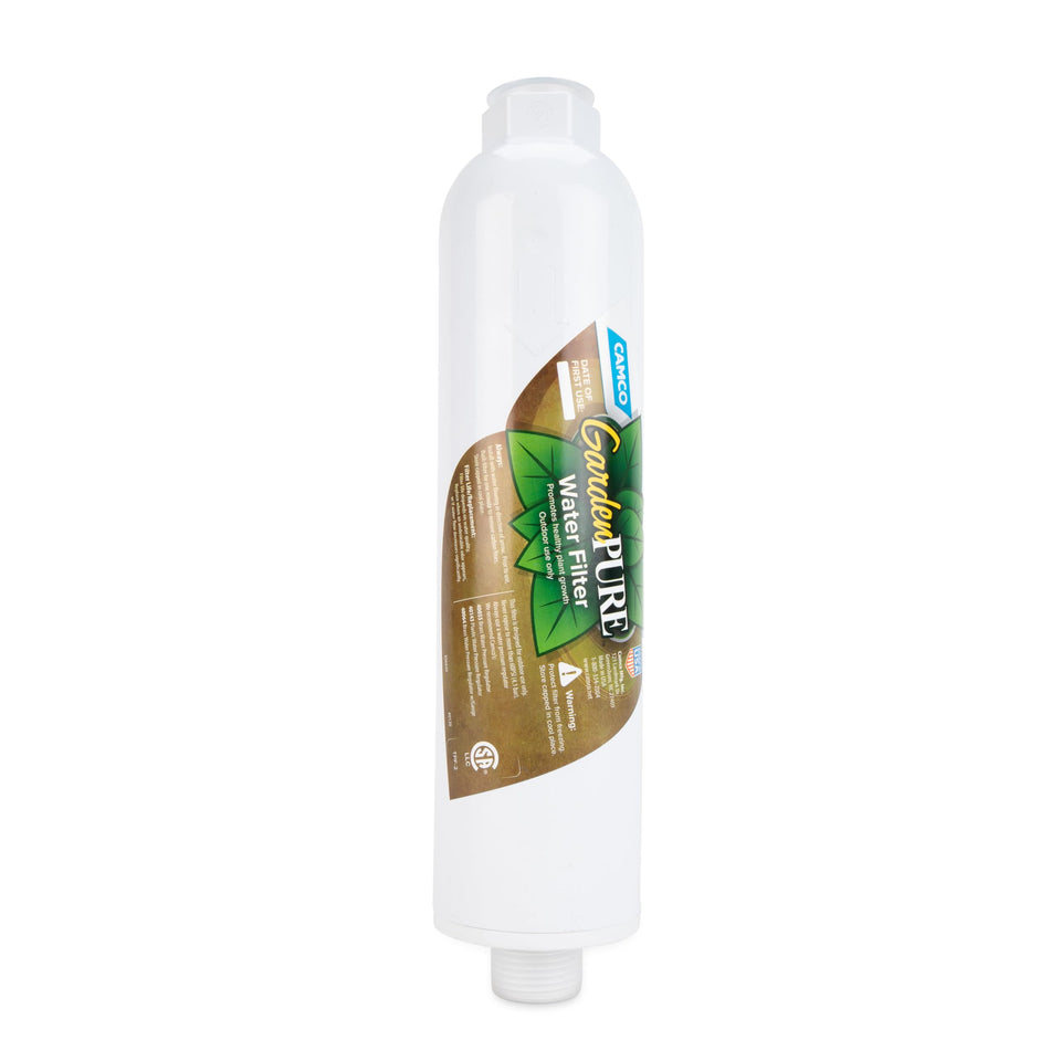 Camco GardenPURE inline filter reduces chlorine for healthier plant roots.