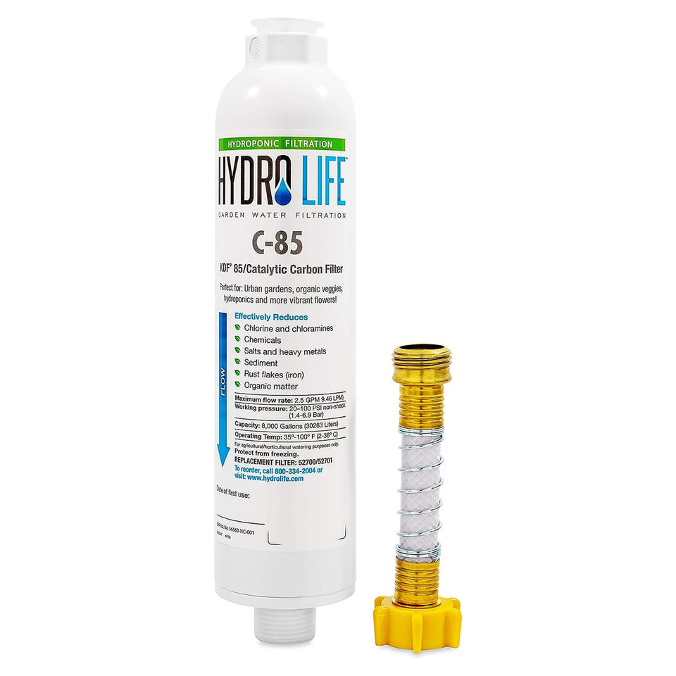 Camco Hydro Life inline filter body for cleaner irrigation water.