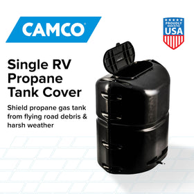 Camco single propane tank cover black finish complements RV setup