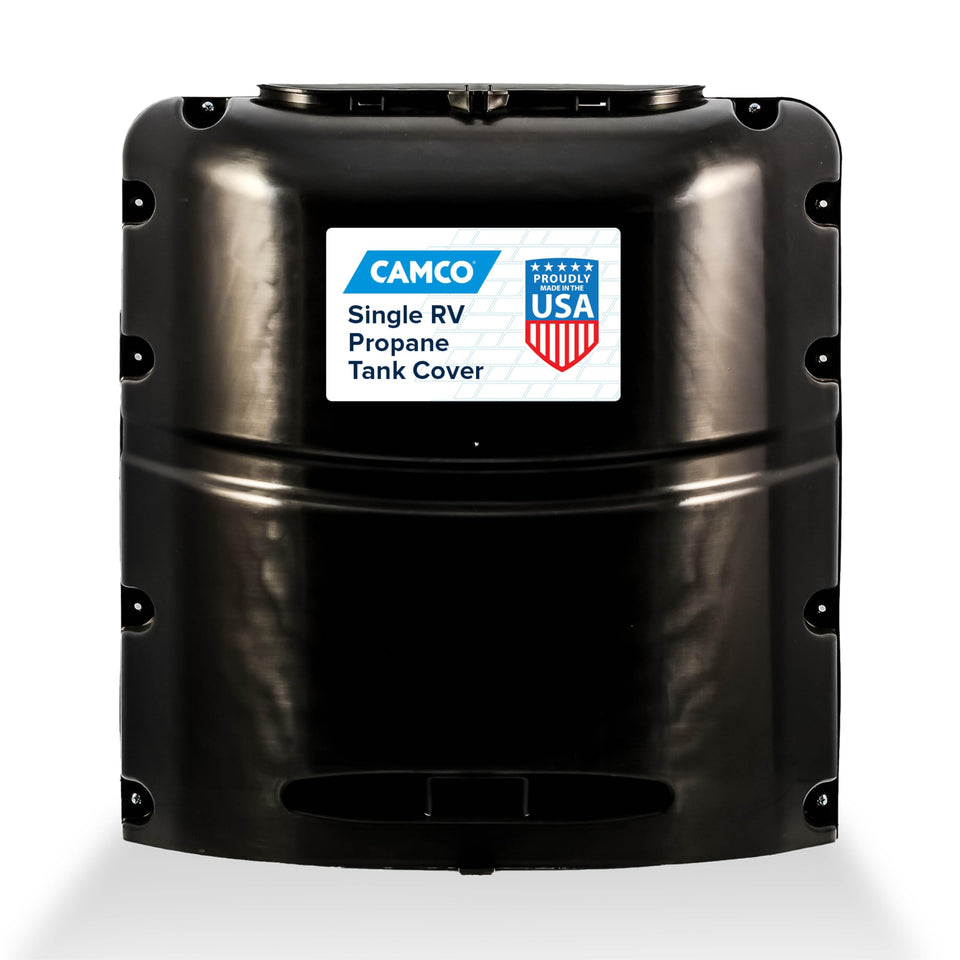 Camco single propane tank cover front view protects your tank while on the road