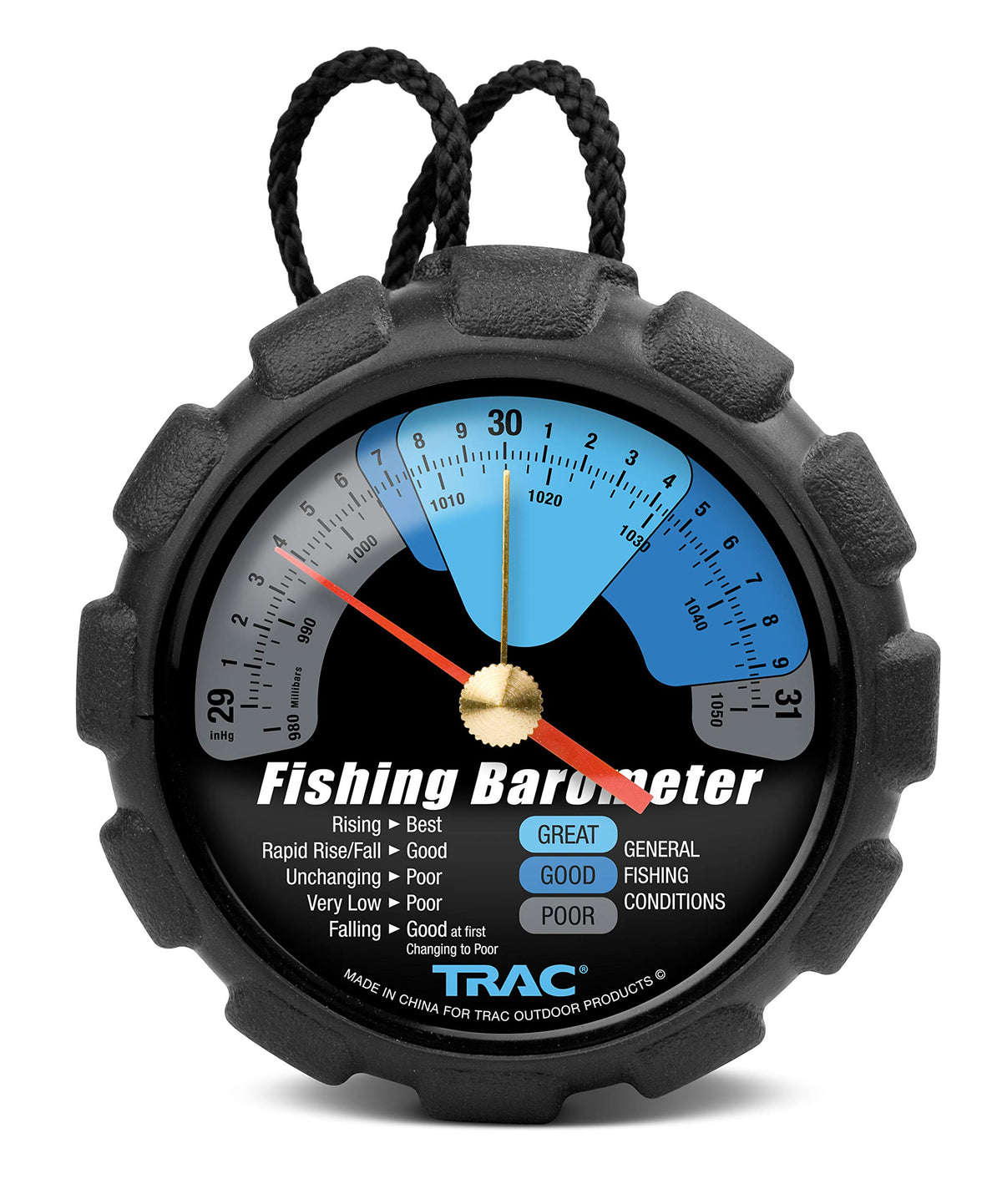 Camco TRAC barometer dial with color-coded readings indicating fishing conditions