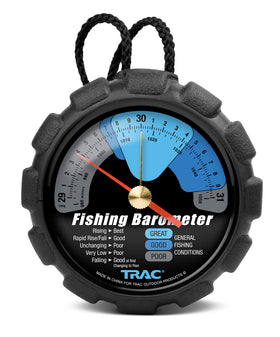 Camco TRAC barometer dial with color-coded readings indicating fishing conditions