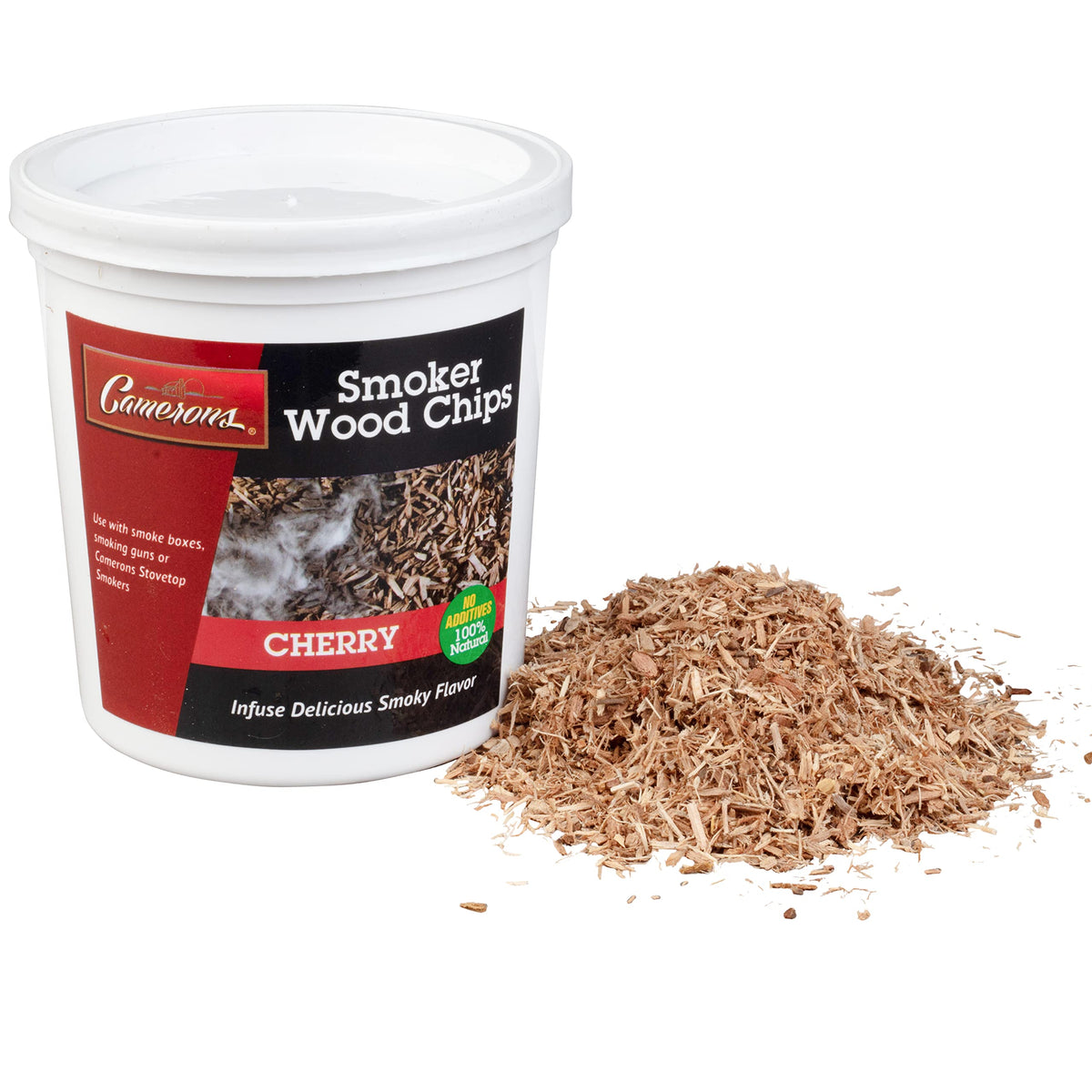Camerons All Natural Cherry BBQ wood chips in a 1 pint tub for quick, clean smoking.