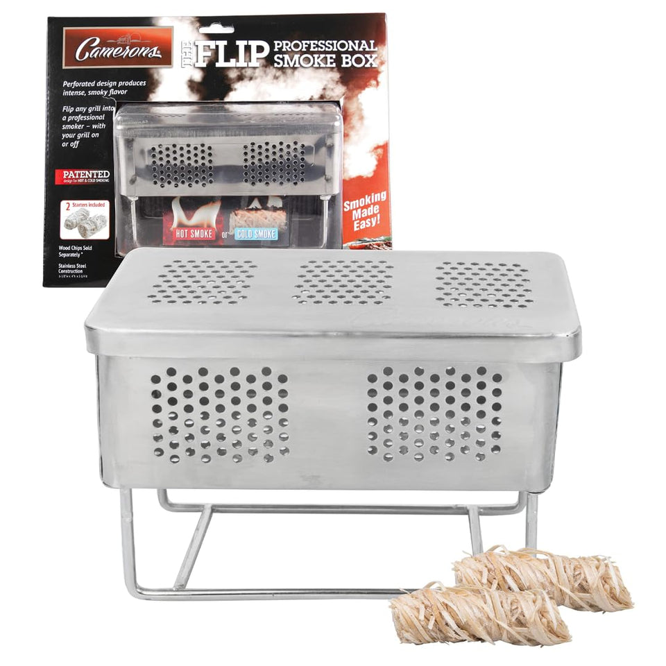 Camerons The Flip Professional Smoker Box on a grill for enhanced smoky flavor.