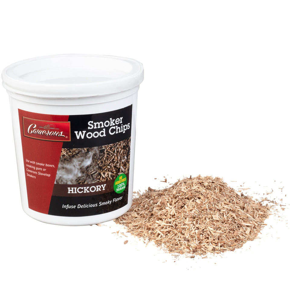 Camerons hickory wood chips extra fine tub for quick, clean smoke.