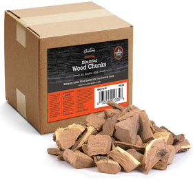 Camerons pecan wood chunks in smoker box front for quick, flavorful smoking.