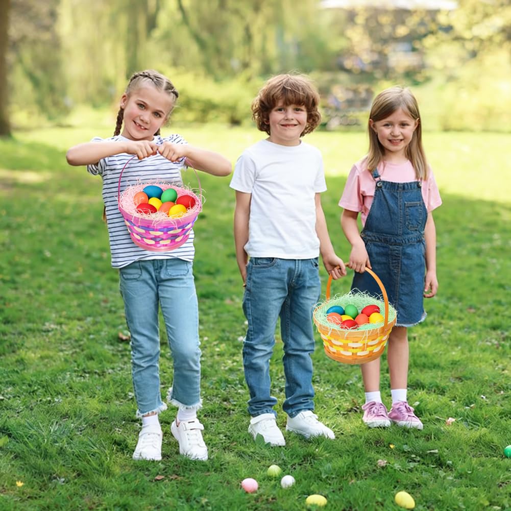 CAMIRUS kids egg hunt use basket filled with colorful eggs.
