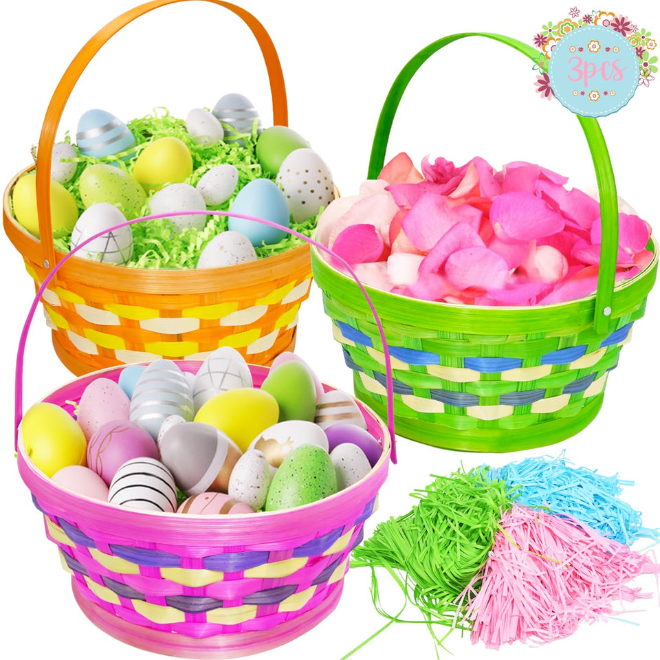 CAMIRUS pink round Easter plaid basket front view, ideal for egg hunts and treats.
