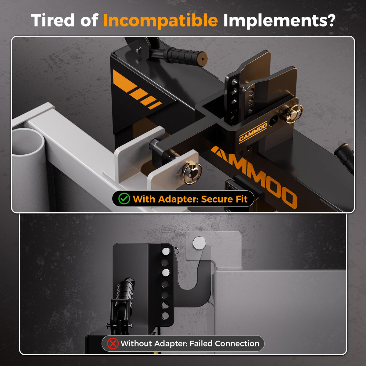 CAMMOO quick hitch adapter side view highlights non-standard implement compatibility.