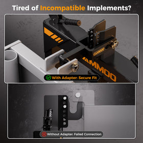 CAMMOO quick hitch adapter side view highlights non-standard implement compatibility.