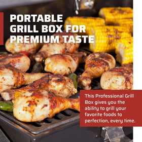 Camp Chef Deluxe BBQ Grill Box cooking-space-14x16 illustrates ample grill area for group meals