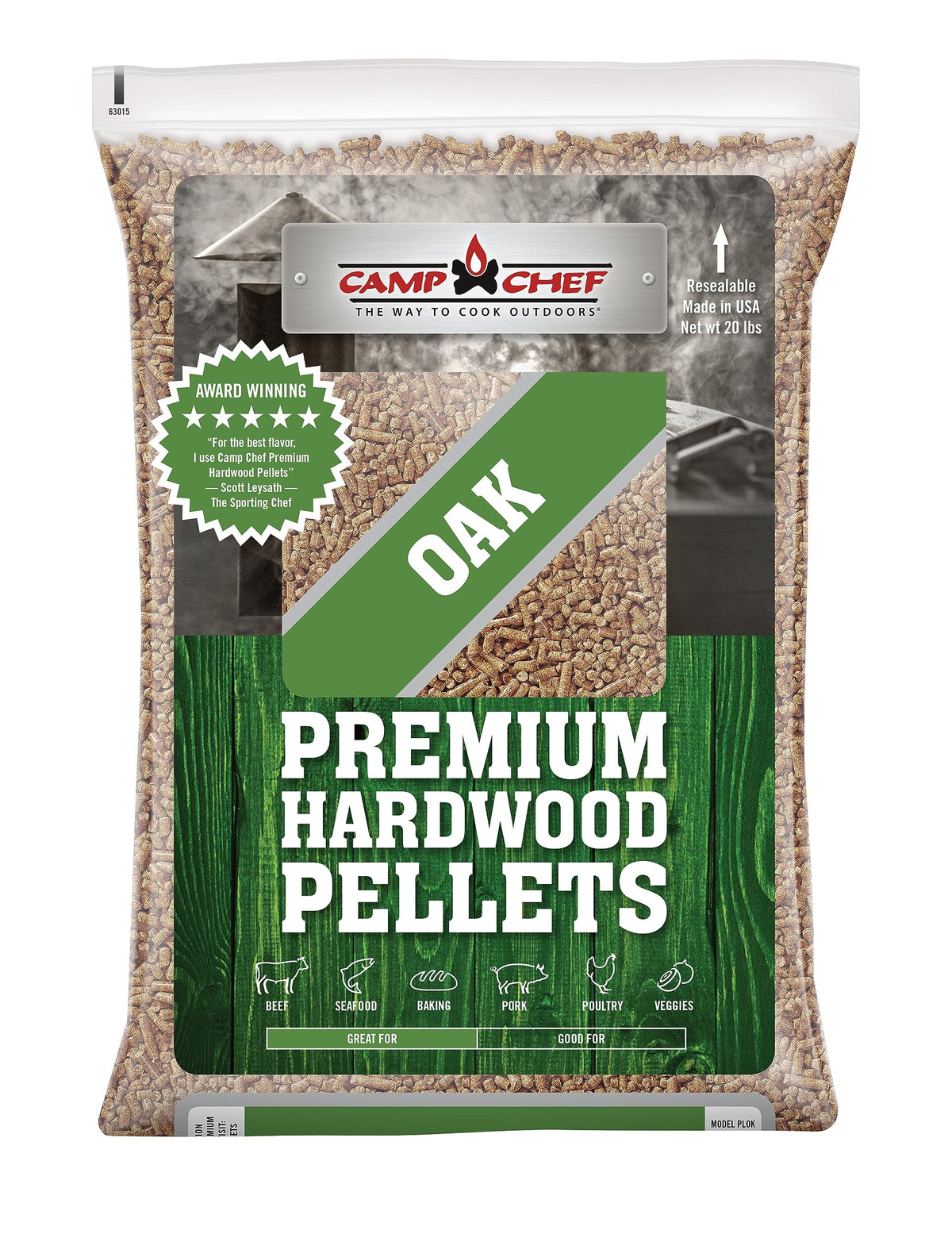 Camp Chef Oak Flavor wood pellets bag showing natural hardwood for balanced smoke