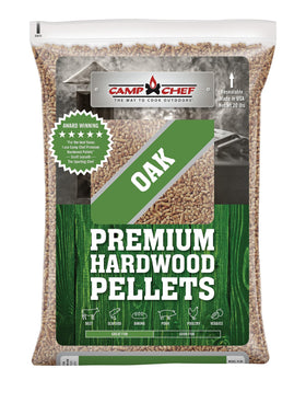 Camp Chef Oak Flavor wood pellets bag showing natural hardwood for balanced smoke