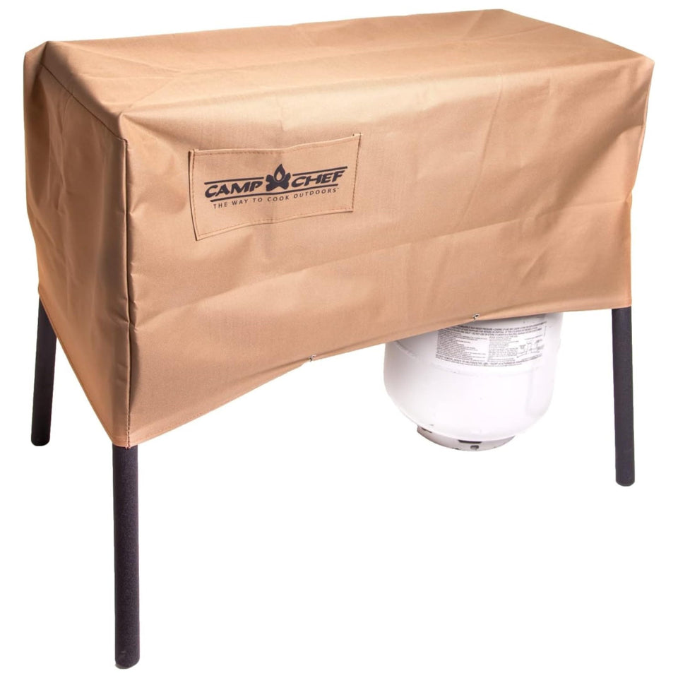 Camp Chef patio cover shields a 2-burner stove from rain and dust.