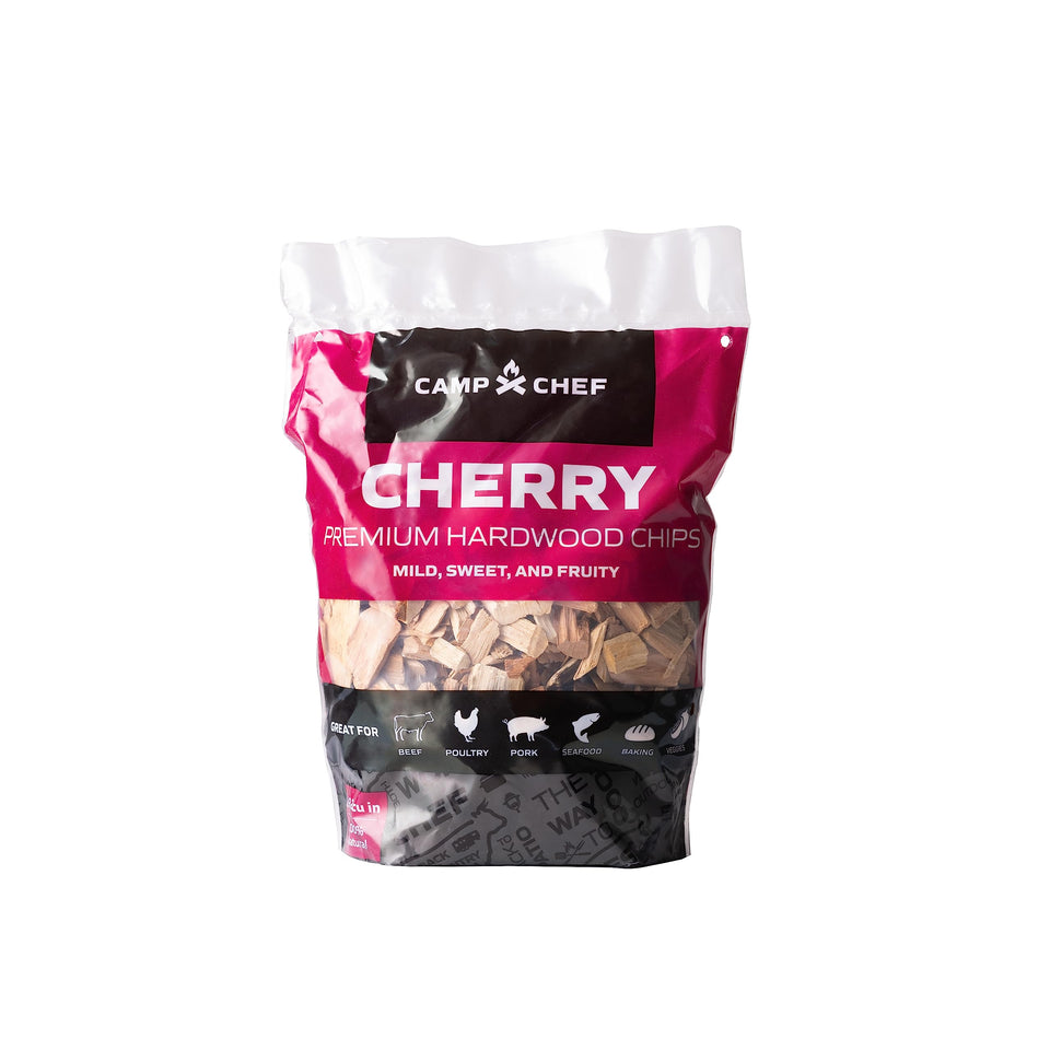 Camp Chef Premium Hardwood Chips cherry packaging ready to spark authentic cherry smoke