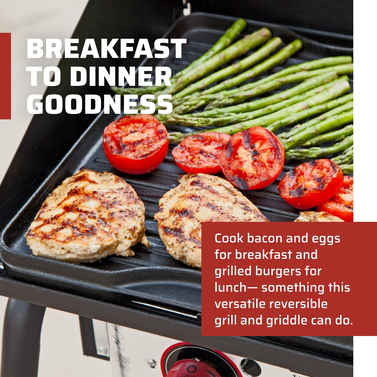 Camp Chef reversible griddle delivers even heat across the 14 by 16 inch surface.
