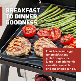 Camp Chef reversible griddle delivers even heat across the 14 by 16 inch surface.