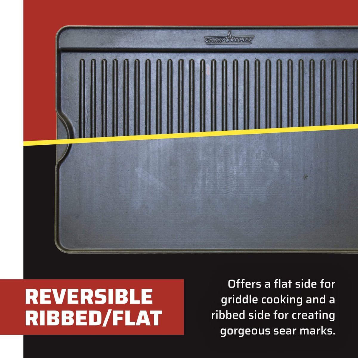 Camp Chef griddle pre-seasoned finish resists rust for ready-to-use performance.