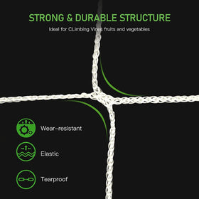 CANAGROW trellis netting supports beans climbing vines in a garden.