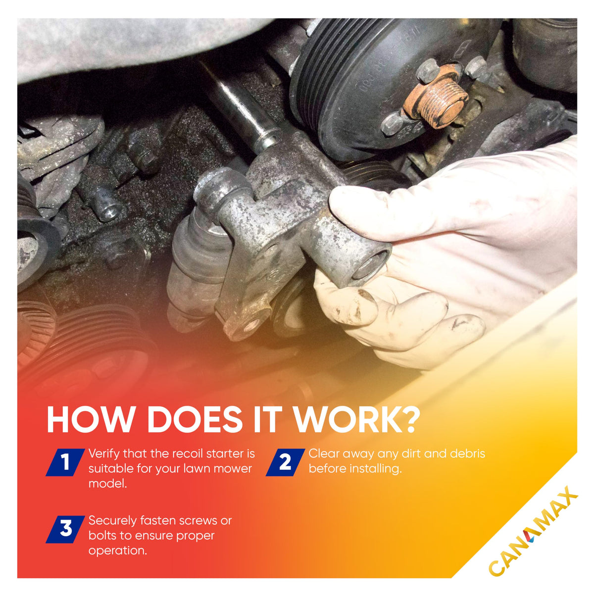Canamax Recoil Starter Assembly in mower illustrates compatible mounting and field repair readiness