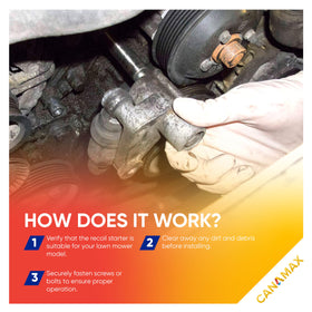 Canamax Recoil Starter Assembly in mower illustrates compatible mounting and field repair readiness