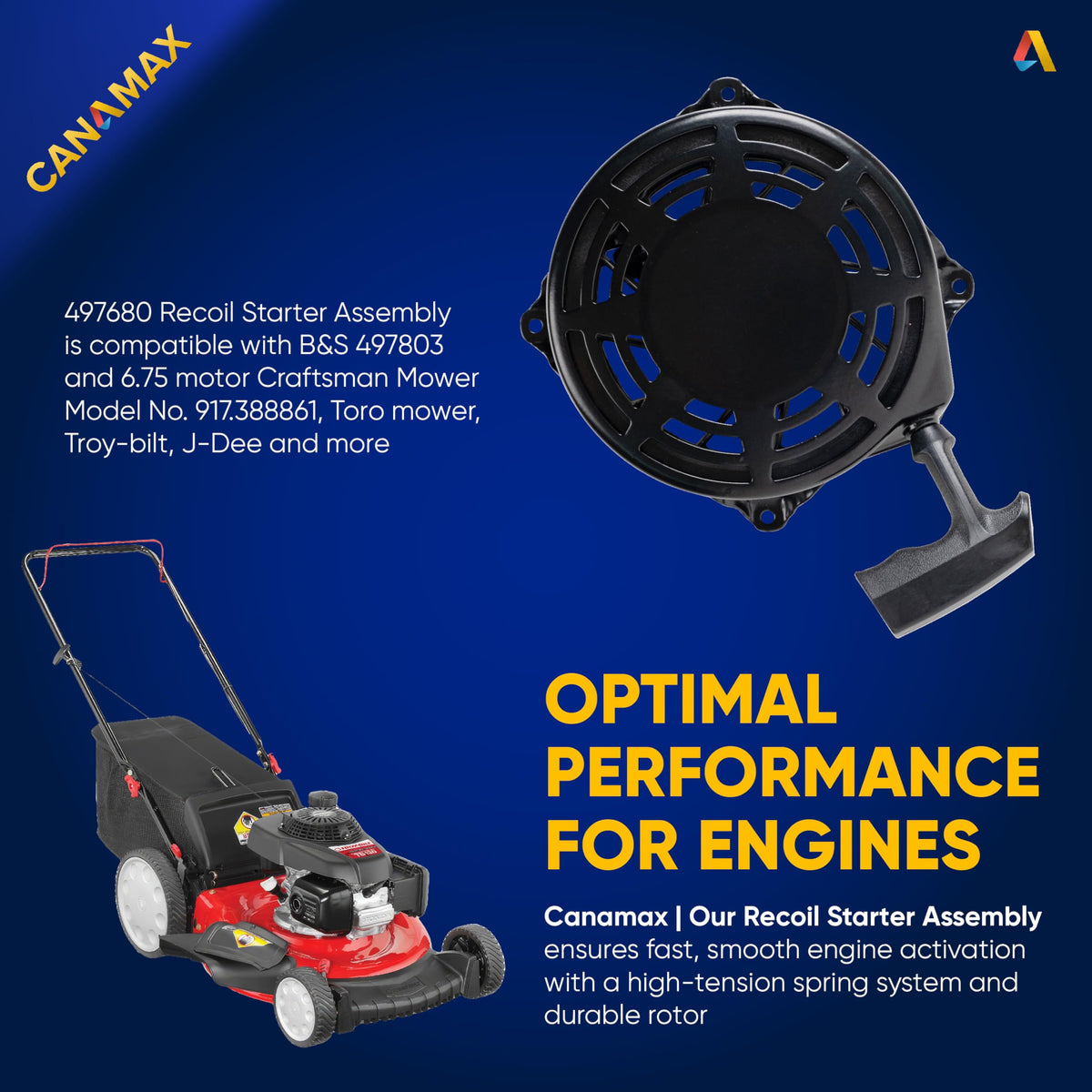 Canamax Recoil Starter Assembly packaging image emphasizes easy installation and replacement part