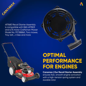 Canamax Recoil Starter Assembly packaging image emphasizes easy installation and replacement part