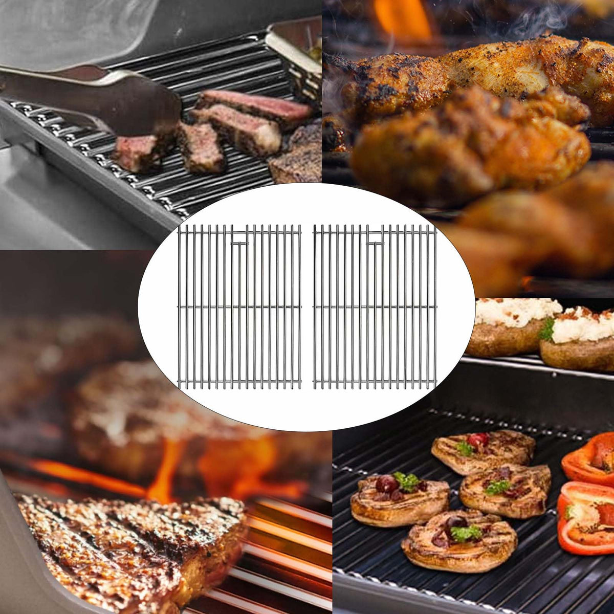 Candana 17-inch stainless steel grates provide rustproof durability.