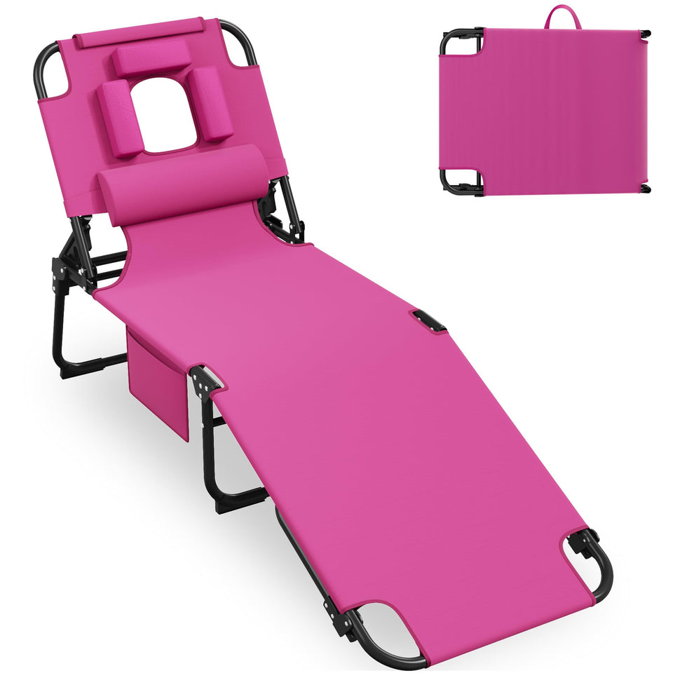 Candockway 400lbs tanning chair with face hole pink offers easy sunbathing comfort.