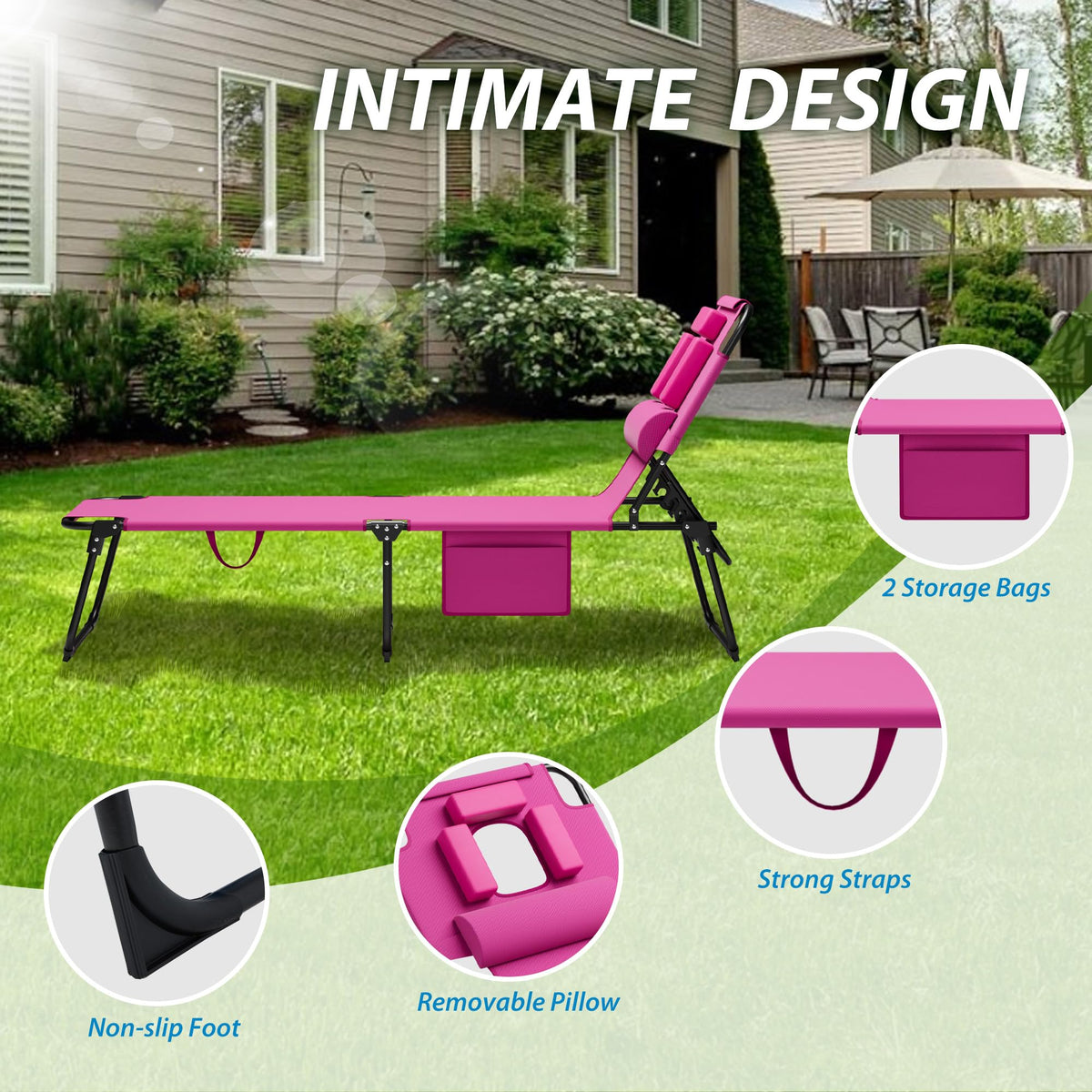 Candockway portable handle folded recliner pink makes transport to beach or patio easy.