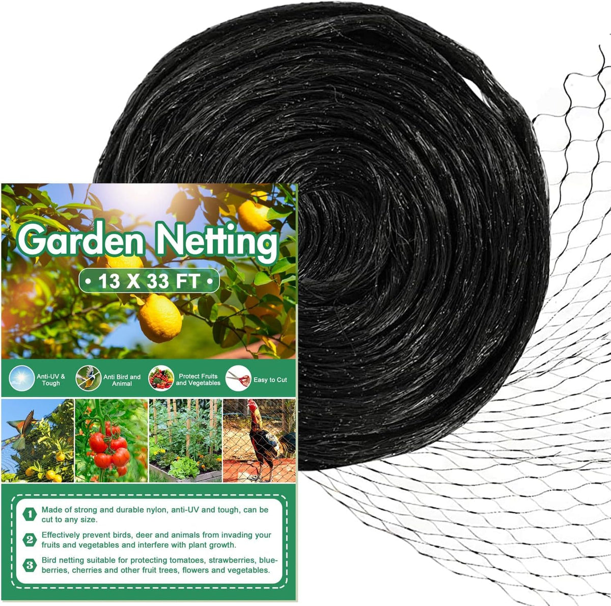 CandyHome bird netting in garden showing 13ft by 33ft coverage for crops and trees