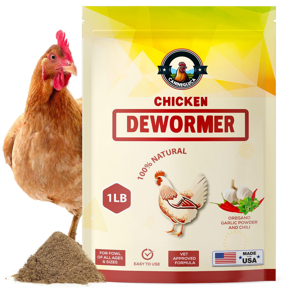 CanineGluca chicken dewormer powder bottle supports gut health and easy dosing.