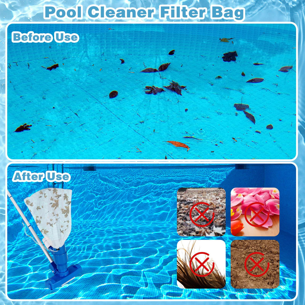 CANIPHA fine mesh filter bag captures sediment and leaves in pools