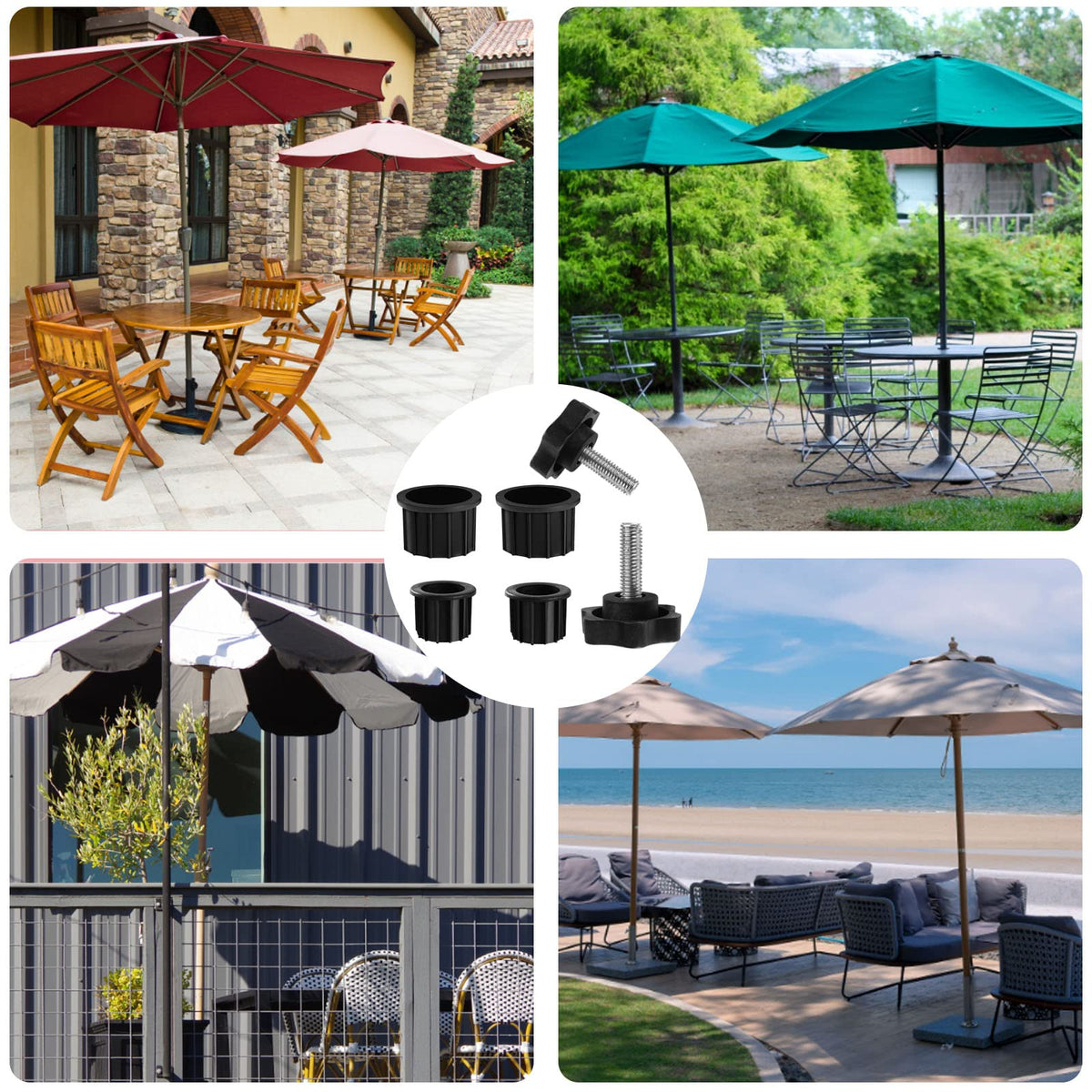 CANIPHA outdoor setup demonstrating rings keeping umbrella secure on deck or patio.