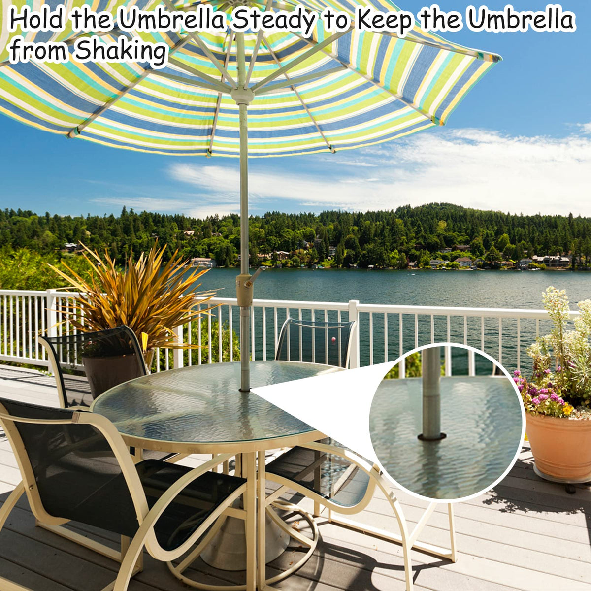 CANIPHA table hole ring installation demonstrates quick setup for secure umbrellas.