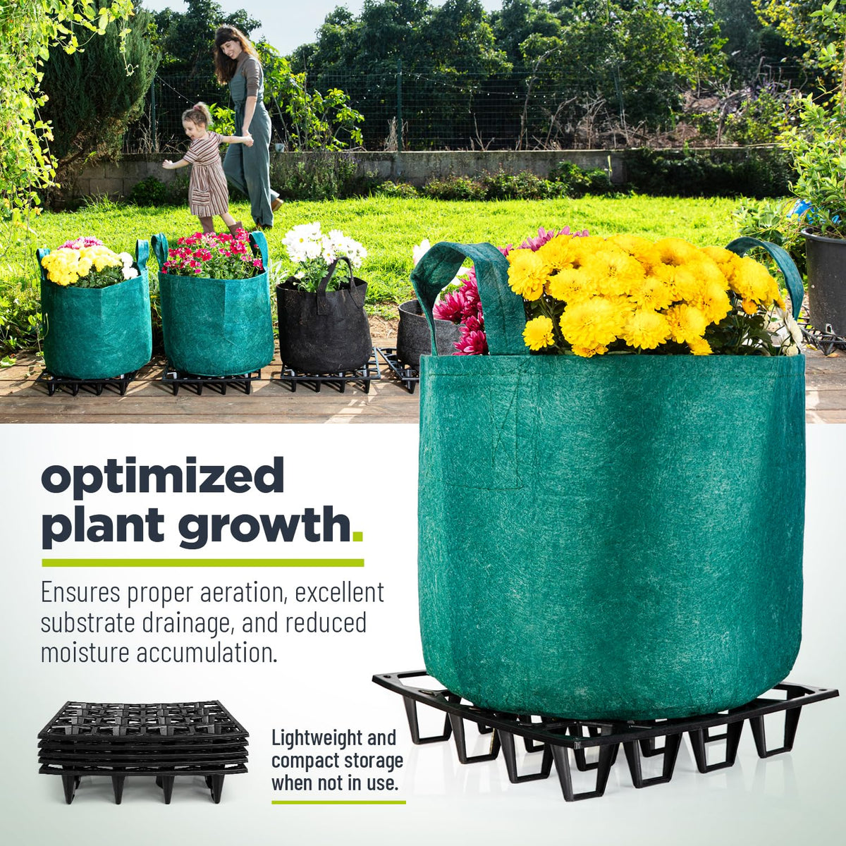 Cannrise Plant Riser elevates grow bags to improve airflow around roots.